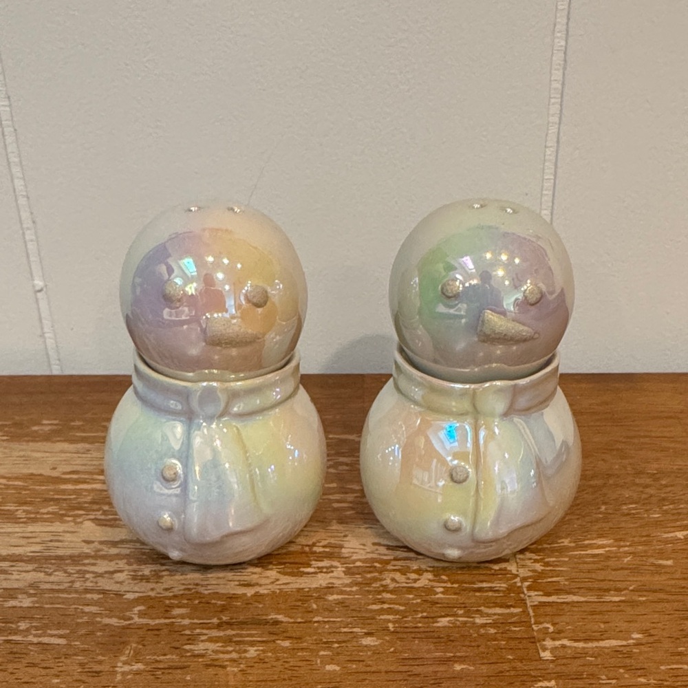 Anthropologie Iridescent Snowman Salt and Pepper Shakers